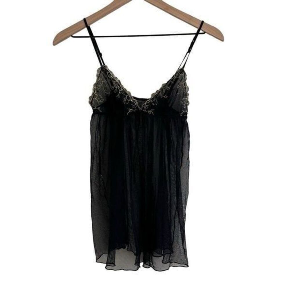 H&M Small Black Gold Embroidery Sheer Babydoll Top